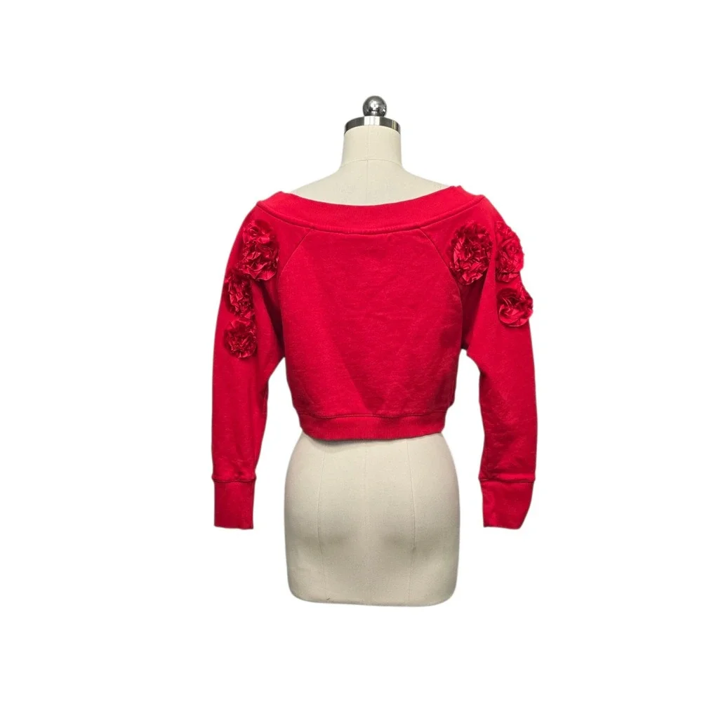 Maeve by Anthropologie Red Cropped 3D Floral Rosette Sweatshirt XS Long Sleeve